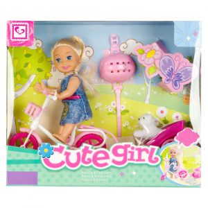 Lutka u jeans haljini na biciklu