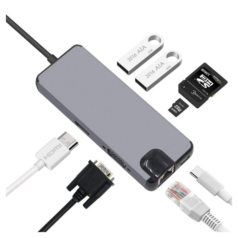 Adapter Type C na RJ45 (LAN) HDMI VGA 2xUSB 3.0 PD SD microSD 7u1 JWD-TC32