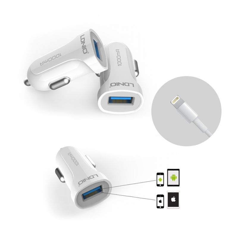 Auto punjac LDNIO DL-C17 1A sa iPhone lightning kablom beli