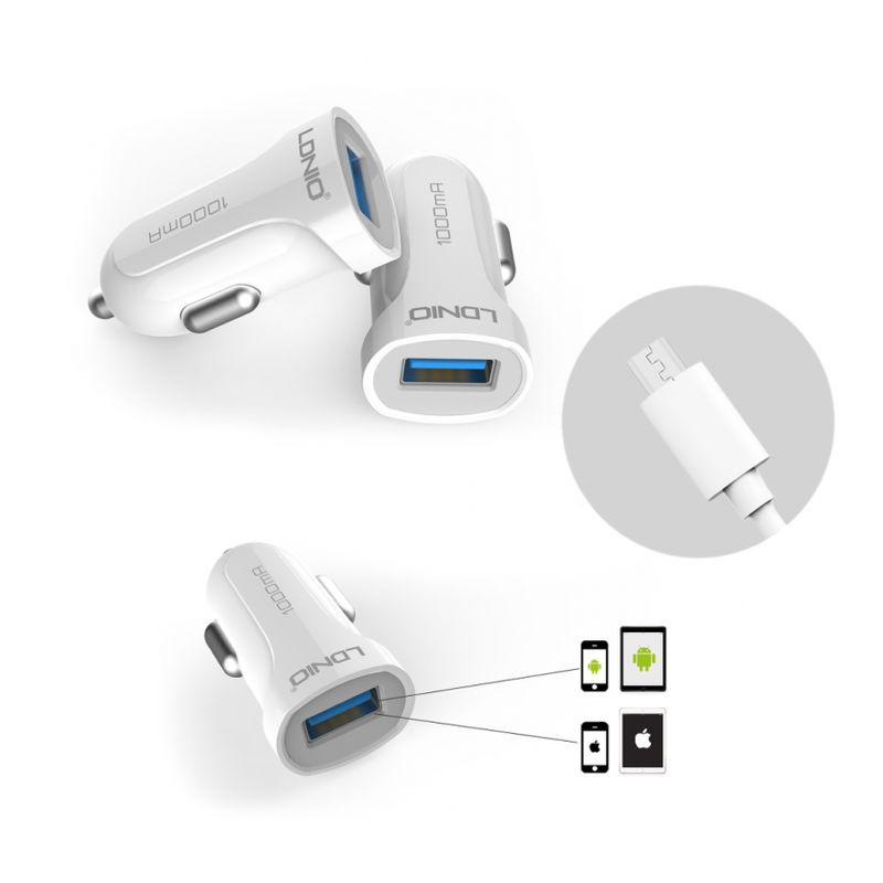 Auto punjac LDNIO DL-C17 1A sa micro USB kablom beli