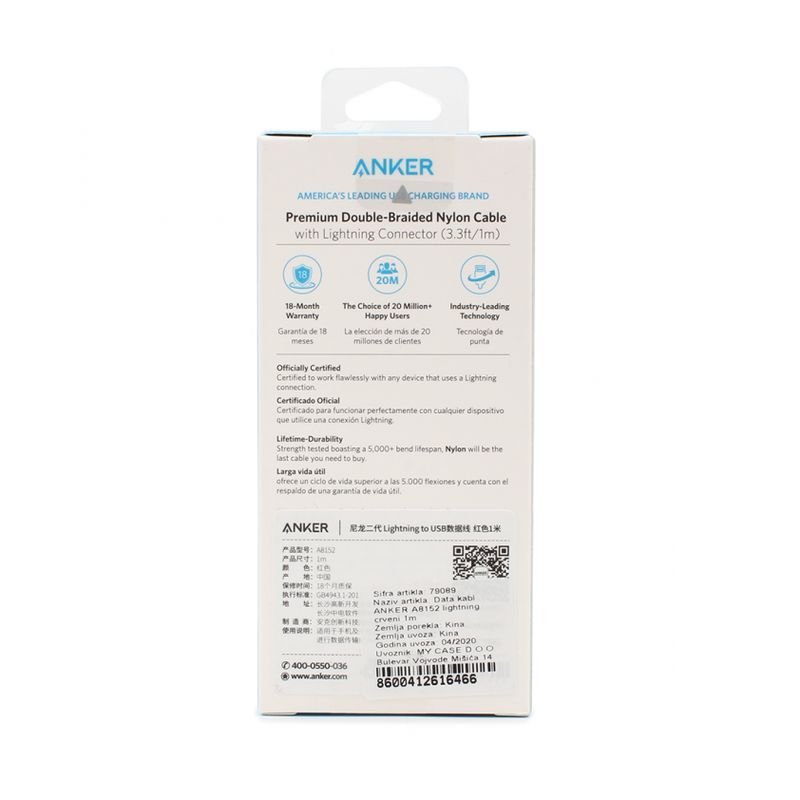 Data kabl ANKER A8152 lightning crveni 1m