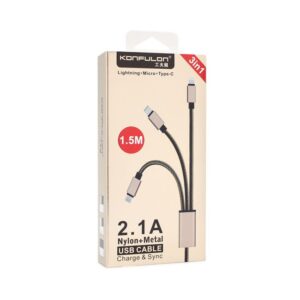 Data kabl KONFULON KFL-S46 3u1 iPhone lightning/Micro/Type C beli 1.5m