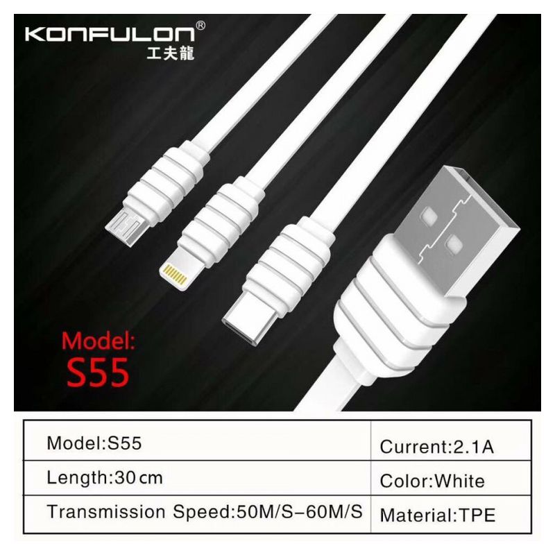 Data kabl KONFULON S55 3u1 za iPhone lightning/Micro USB/Type C beli 0.3m