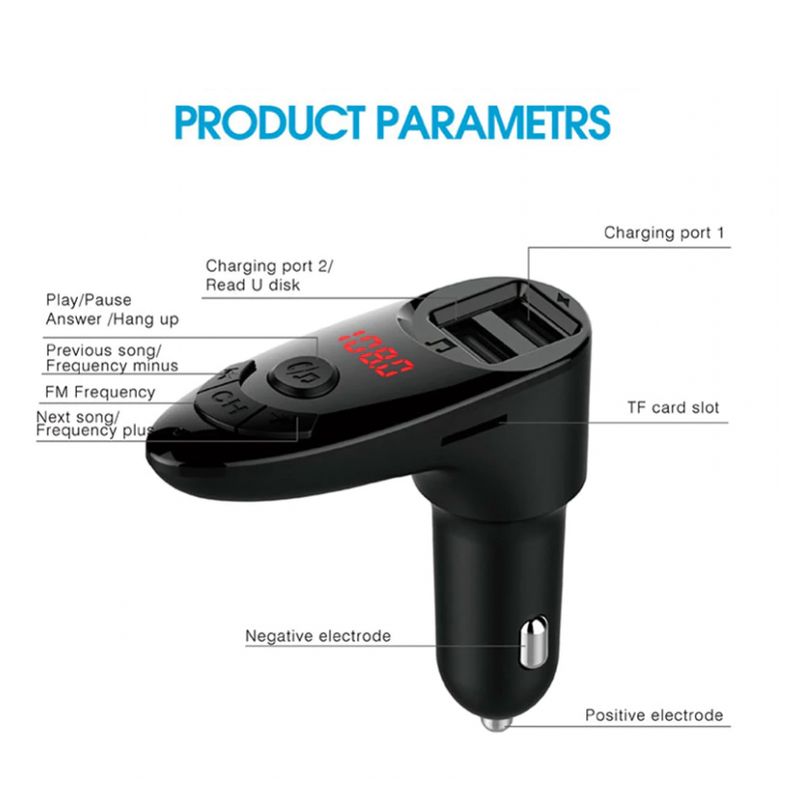 FM transmiter C8 USB TF Bluetooth 5.0 12-24V handsfree LE crni