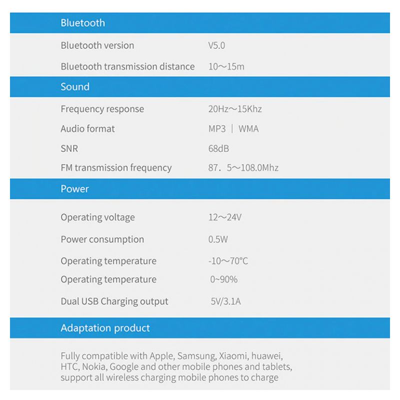 FM transmiter C8 USB TF Bluetooth 5.0 12-24V handsfree LE crni