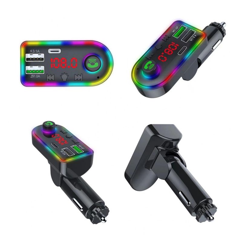 FM transmiter F8 USB, PD, TF, Bluetooth 5.0, Type C, RGB, 12-24V, handsfree crni