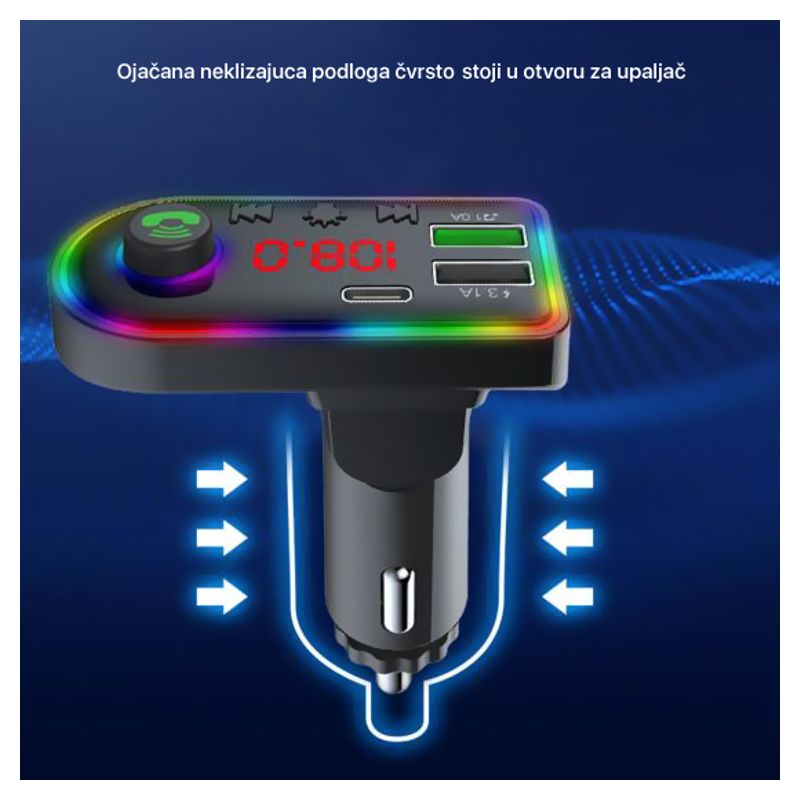FM transmiter F8 USB, PD, TF, Bluetooth 5.0, Type C, RGB, 12-24V, handsfree crni