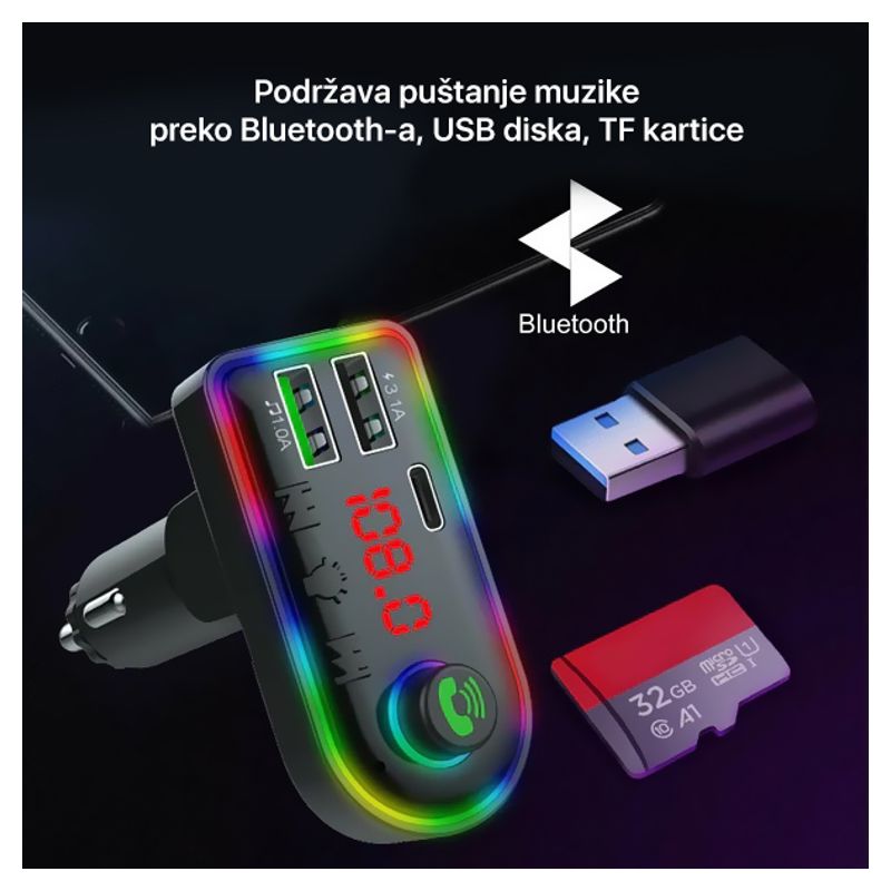 FM transmiter F8 USB, PD, TF, Bluetooth 5.0, Type C, RGB, 12-24V, handsfree crni