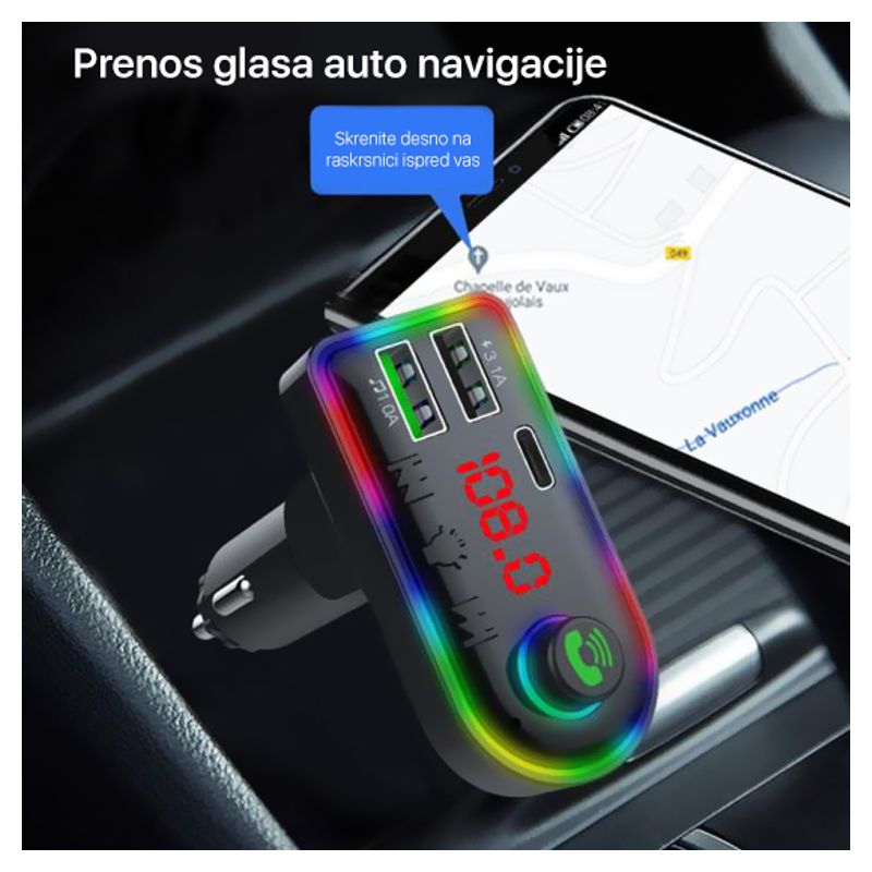 FM transmiter F8 USB, PD, TF, Bluetooth 5.0, Type C, RGB, 12-24V, handsfree crni