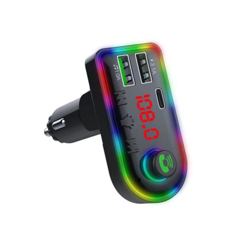FM transmiter F8 USB, PD, TF, Bluetooth 5.0, Type C, RGB, 12-24V, handsfree crni