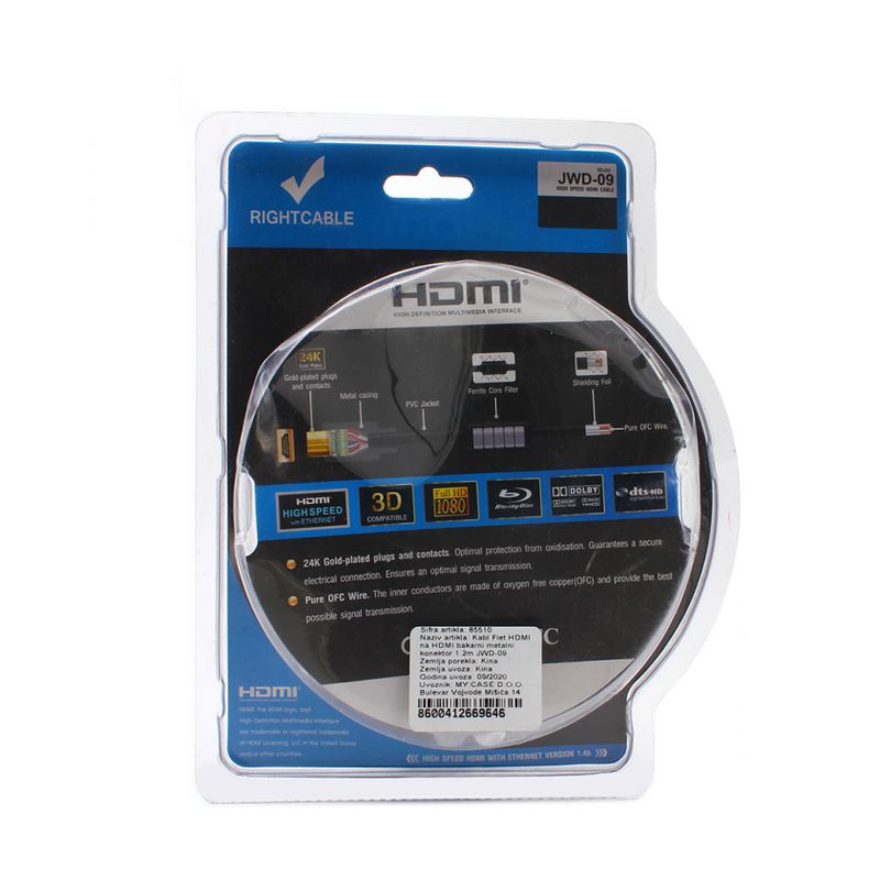 Kabl Flet HDMI na HDMI JWD-09 bakarni metalni konektor 1.2m