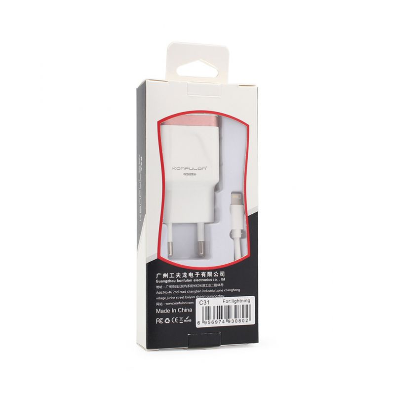 Kucni punjac KONFULON C31+S05 2xUSB 5V 2.1A sa iPhone lightning kablom beli
