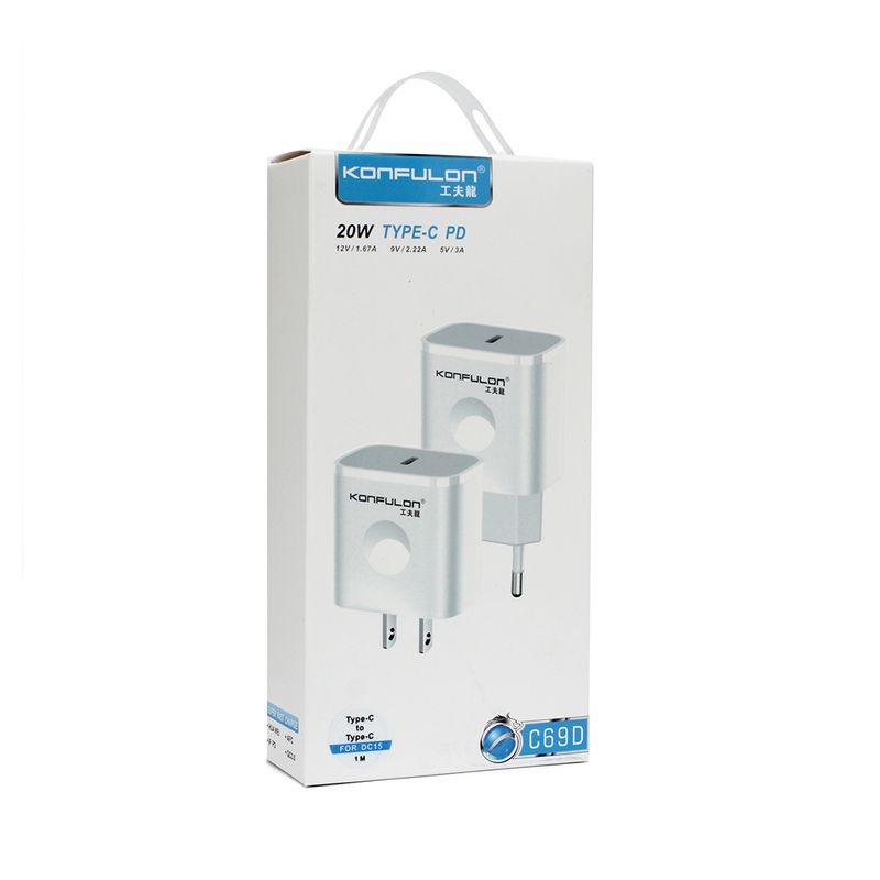 Kucni punjac KONFULON C69D+DC15 PD20W sa PD kablom Type C na Type C beli