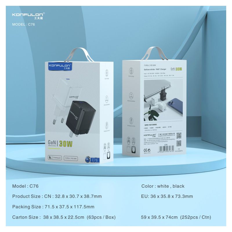 Kucni punjac KONFULON C76 GaN PD QC 30W beli