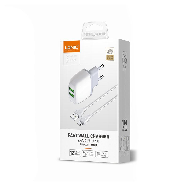 Kucni punjac LDNIO A2219 2xUSB 5V 2.4A 12W sa iPhone lightning kablom beli