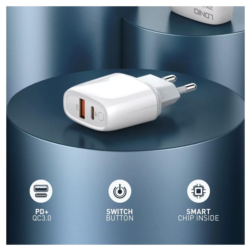 Kucni punjac LDNIO A2424C PD20W QC3.0 sa IPhone lightning kablom beli