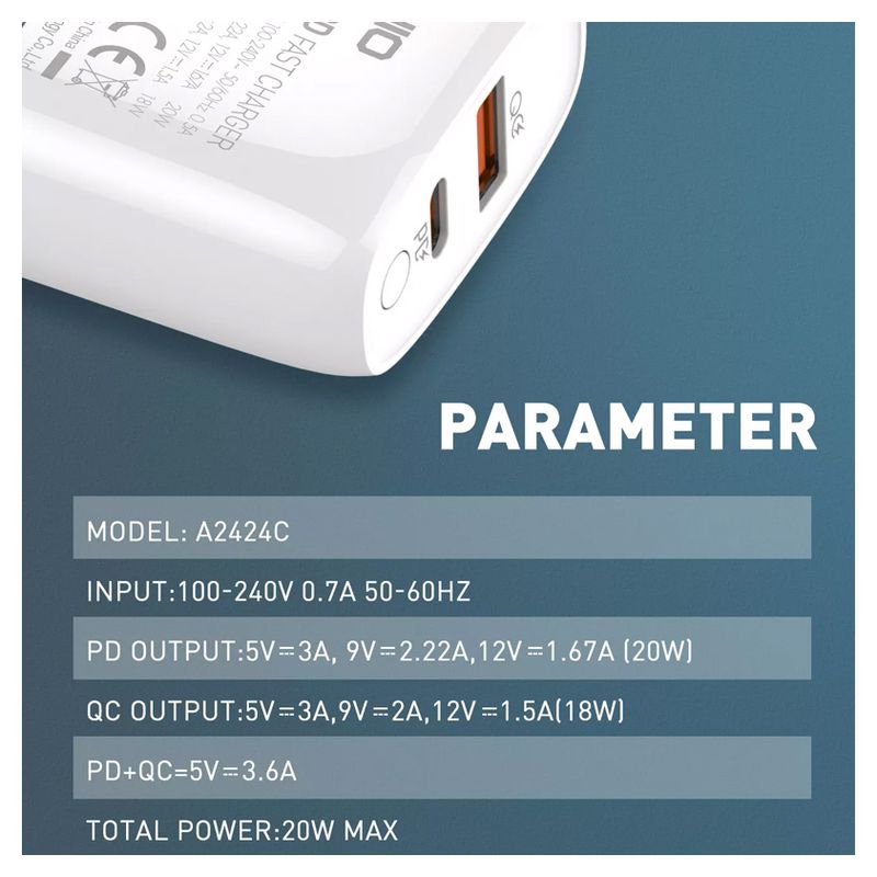 Kucni punjac LDNIO A2424C PD20W QC3.0 sa IPhone lightning kablom beli