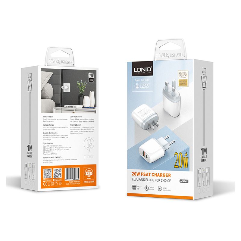 Kucni punjac LDNIO A2424C PD20W QC3.0 sa IPhone lightning kablom beli