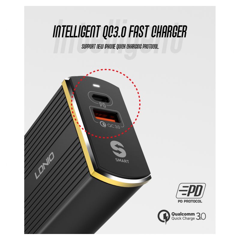 Kucni punjac LDNIO A2502C Quick Charge 3.0 PD+USB 5V 3A sa Type C kablom crni
