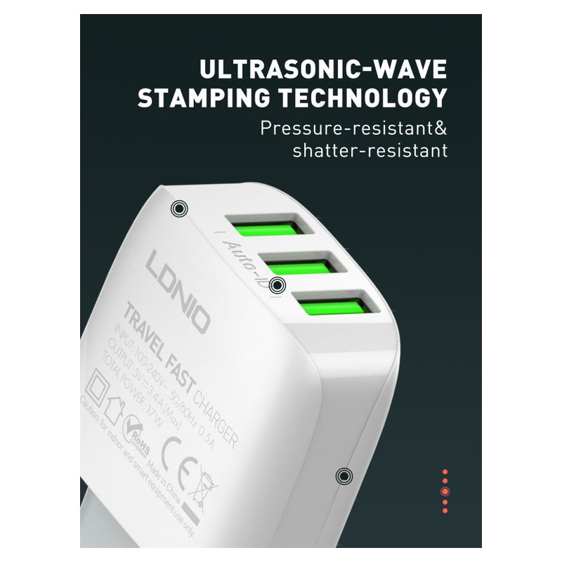 Kucni punjac LDNIO A3312 3xUSB 5V 3.4A 17W sa micro USB kablom beli