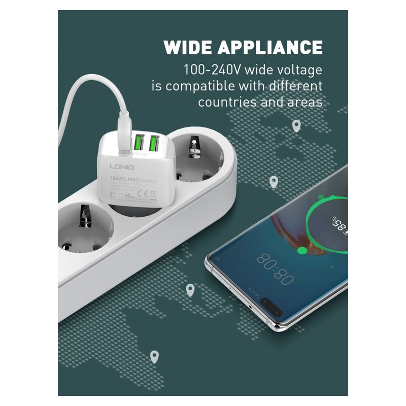 Kucni punjac LDNIO A3312 3xUSB 5V 3.4A 17W sa micro USB kablom beli