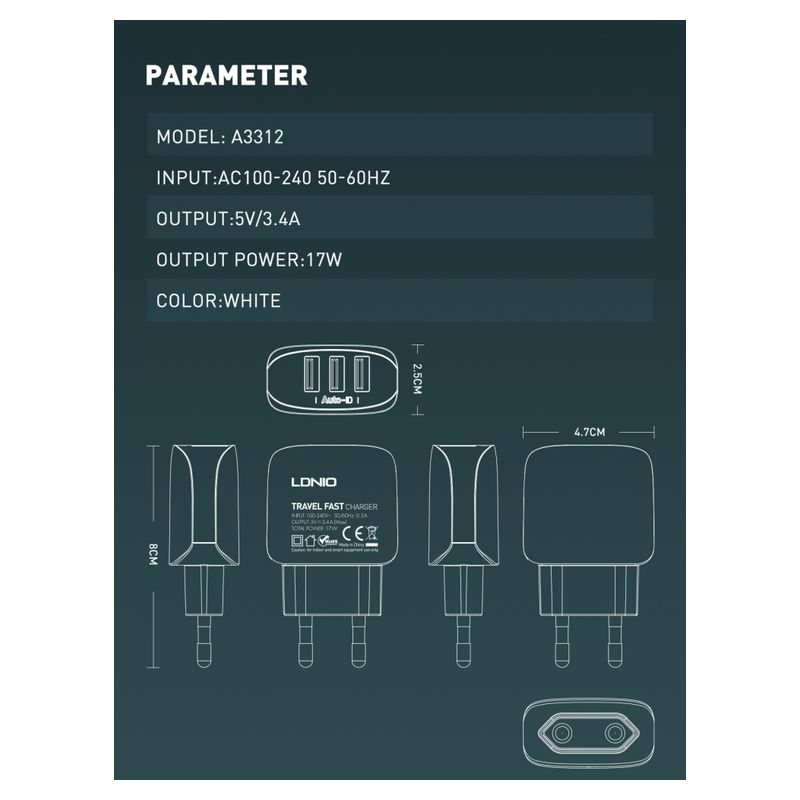 Kucni punjac LDNIO A3312 3xUSB 5V 3.4A 17W sa micro USB kablom beli