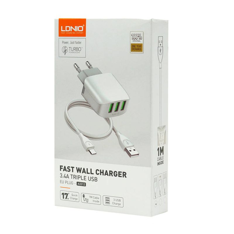 Kucni punjac LDNIO A3312 3xUSB 5V 3.4A 17W sa micro USB kablom beli