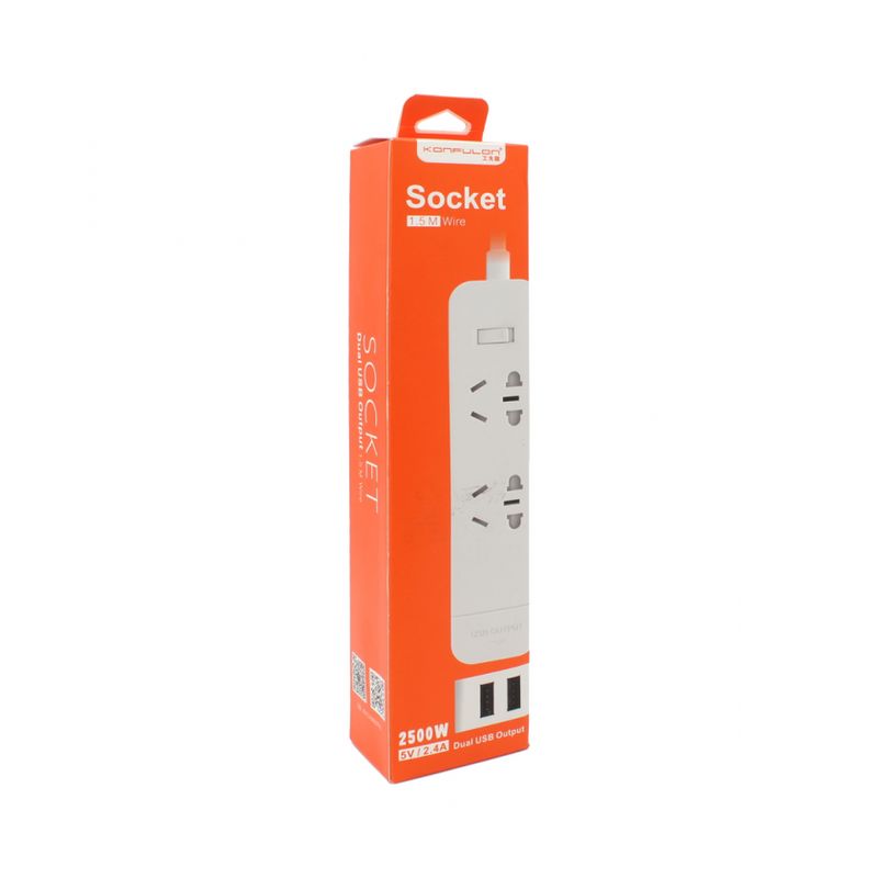 Produzni kabl KONFULON P01 1.5m 2xAC (250V/10A) + 2xUSB (5V/2.4A) beli