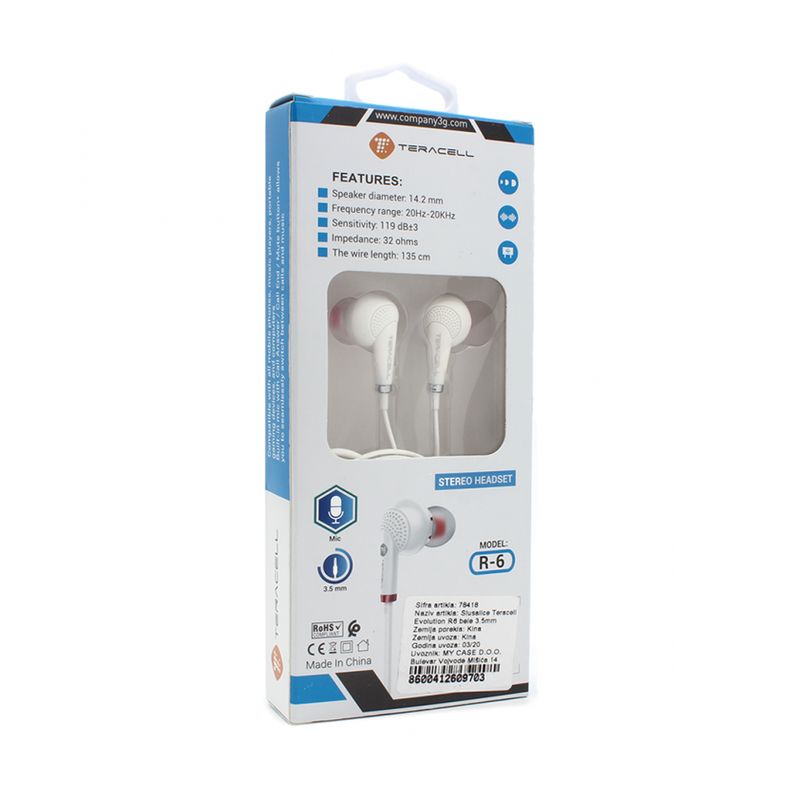 Slusalice Teracell Evolution R6 bele 3.5mm