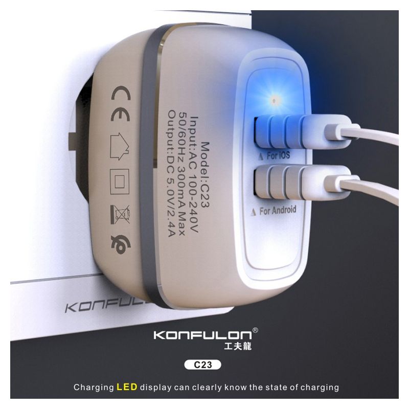 Kucni punjac KONFULON C23+S32A 2xUSB 5V 2.4A sa iPhone lightning kablom belo crni