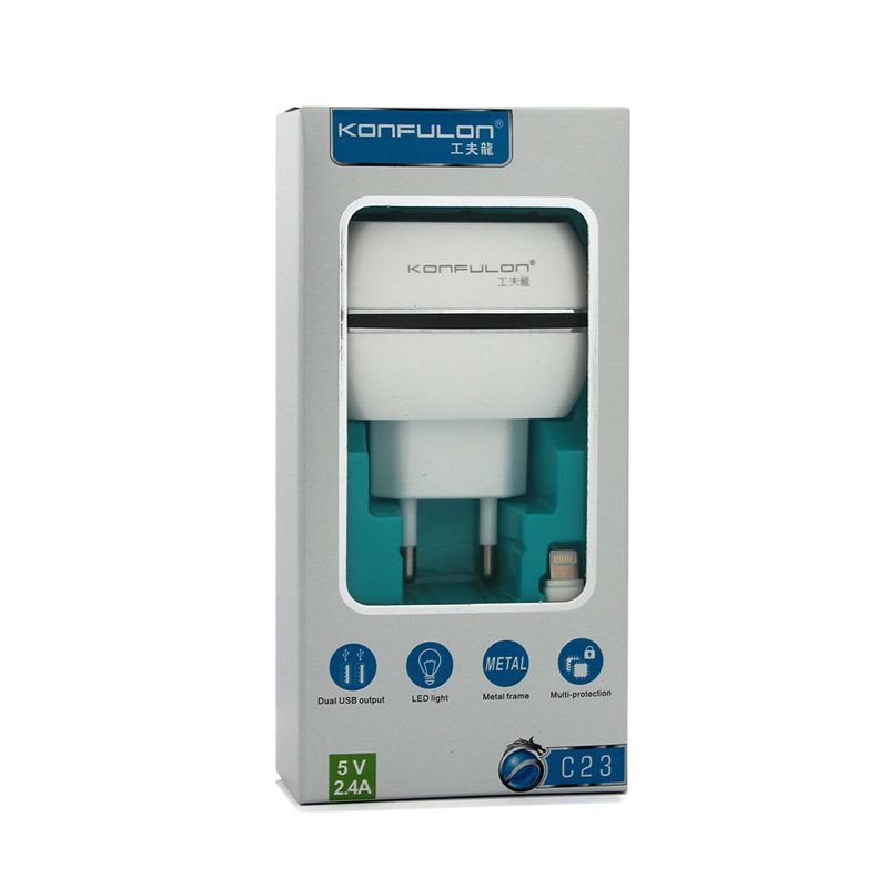 Kucni punjac KONFULON C23+S32A 2xUSB 5V 2.4A sa iPhone lightning kablom belo crni