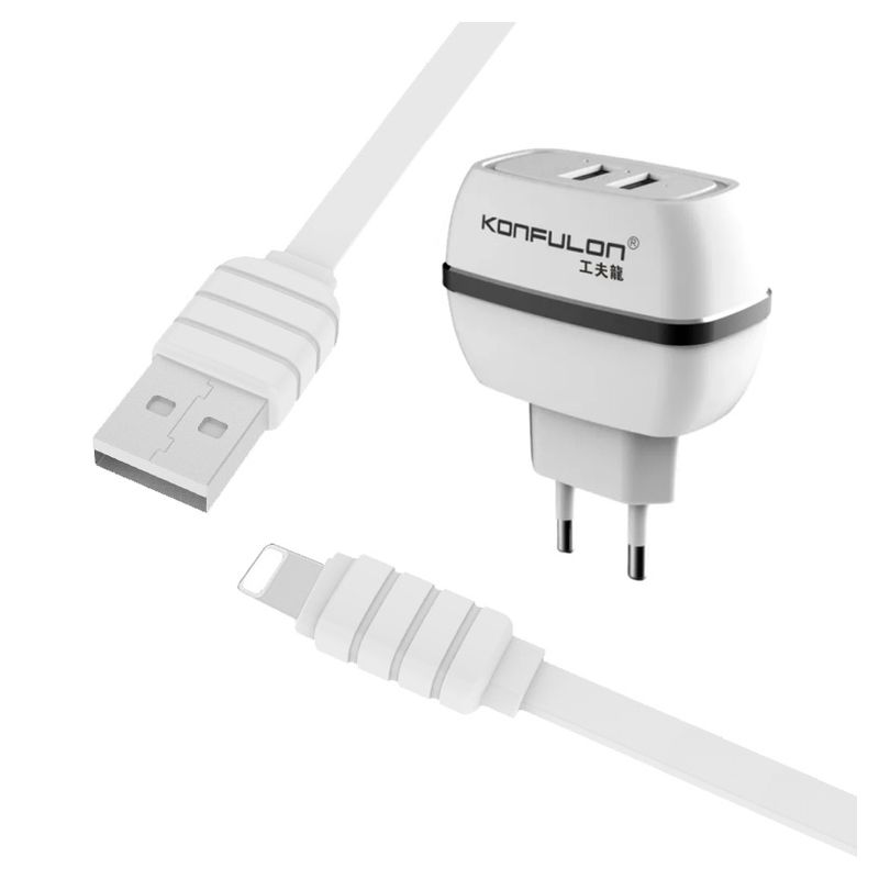 Kucni punjac KONFULON C23+S32A 2xUSB 5V 2.4A sa iPhone lightning kablom belo crni