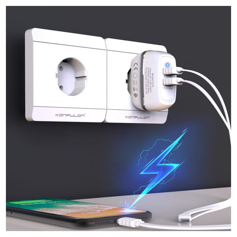 Kucni punjac KONFULON C23+S33A 2xUSB 5V 2.4A sa Type C kablom belo crni