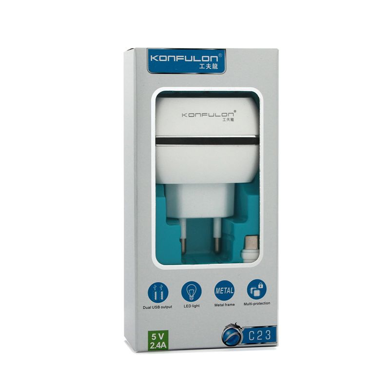 Kucni punjac KONFULON C23+S33A 2xUSB 5V 2.4A sa Type C kablom belo crni