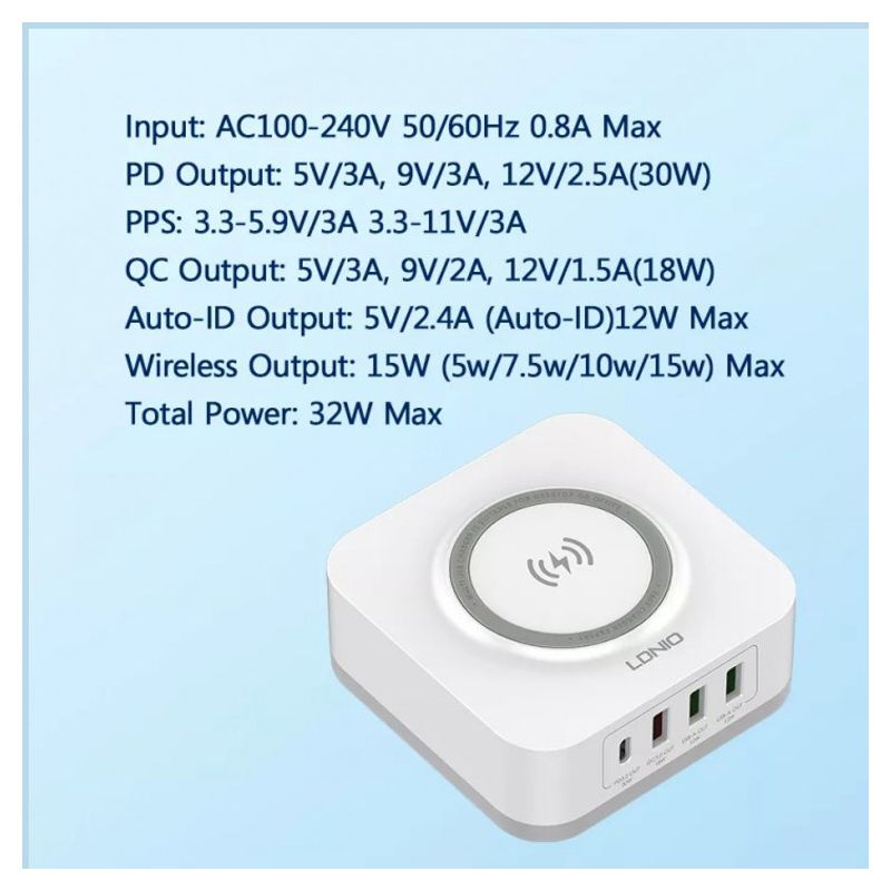 Kucni punjac LDNIO AW004 32W Desktop Wireless Quick Charge 3.0 + PD 30W beli