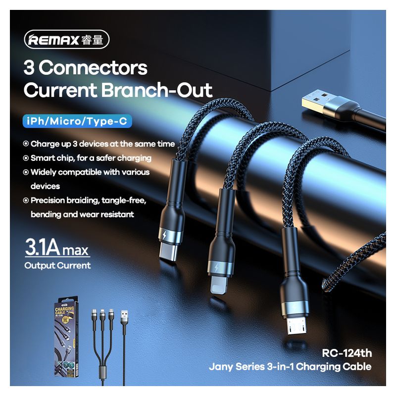 Data kabl REMAX Jany Series RC-124th 3.1A 3u1 crni 1.2m