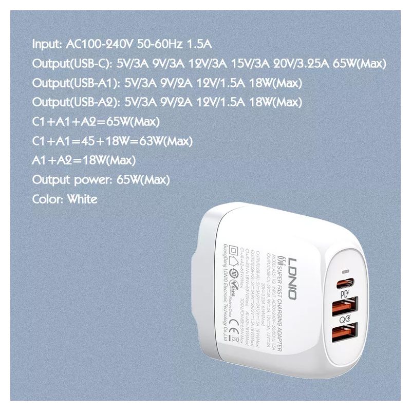 Kucni punjac LDNIO A3511Q PD, QC4+, QC3.0, PPS, 65W USB na Type C