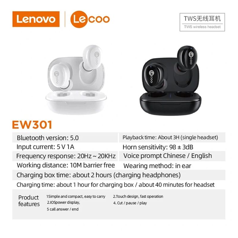 Bluetooth slusalice Lenovo TWS Earbuds EW301 Airpods crne