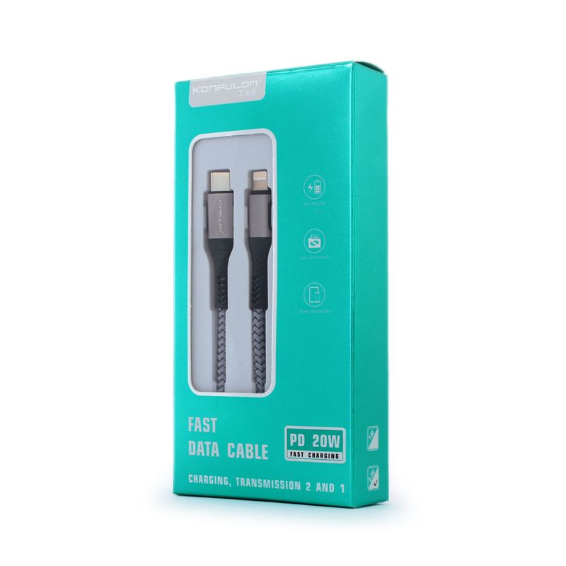 Data kabl KONFULON DC36 PD 20W Super Fast Charge Type C na lighting sivi 0.2m