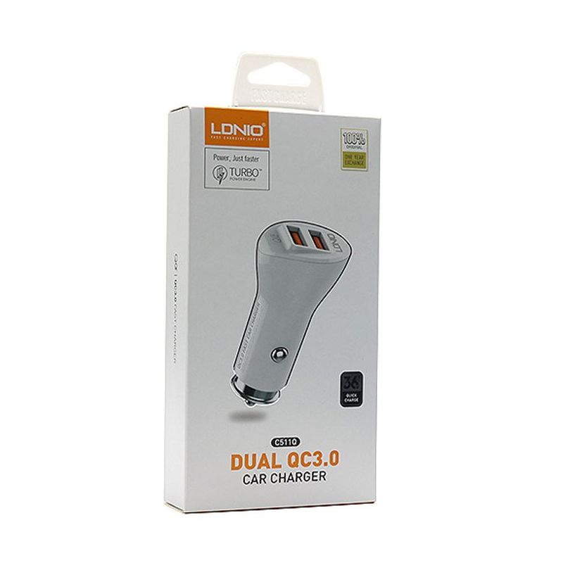 Auto punjac LDNIO C511Q 2xUSB 5V/3A FAST QC 3.0 za Iphone lightning beli