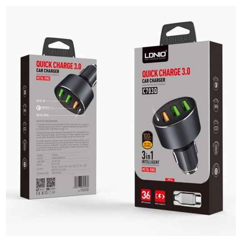 Auto punjac LDNIO C703Q 3xUSB 5V/3A FAST QC 3.0 Type C sivi