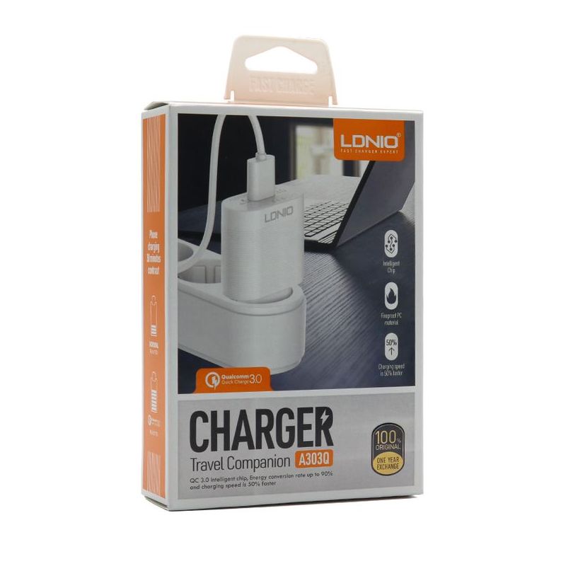 Kucni punjac LDNIO A303Q USB 5V/3A FAST QC 3.0 za Iphone lightning beli