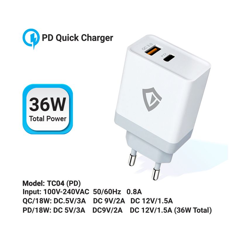 Kucni punjac Teracell Evolution TC-04, QC PD, USB-PD 18W+18W, 36W (total) sa Type C kablom beli