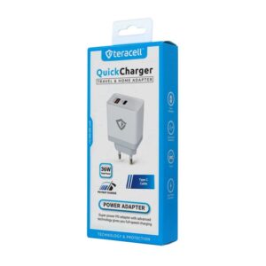 Kucni punjac Teracell Evolution TC-04, QC PD, USB-PD 18W+18W, 36W (total) sa Type C kablom beli