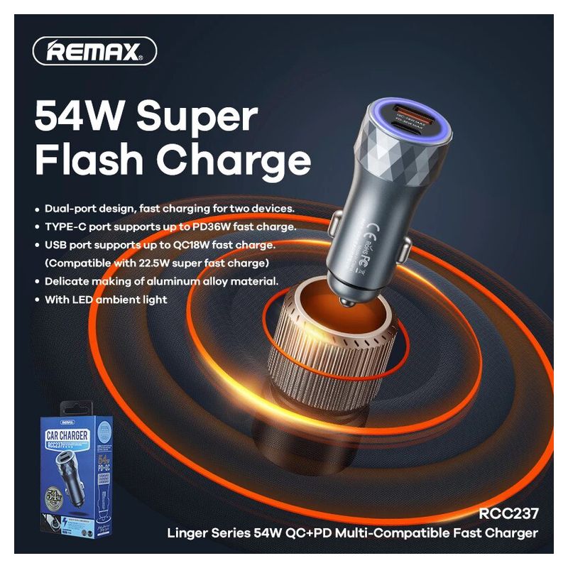 Auto punjac REMAX Linger RCC-237 QC+PD 54W sivi