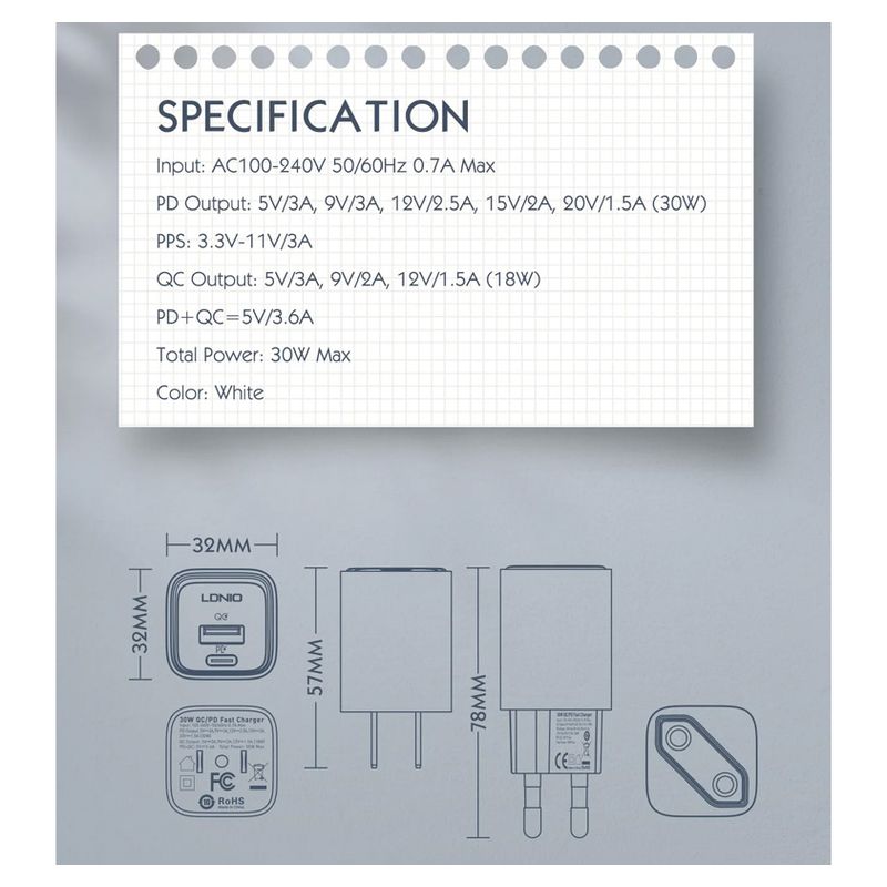 Kucni punjac LDNIO A2317C, 3.6A, QC3.0 18W, PD 30W sa Type C kablom beli
