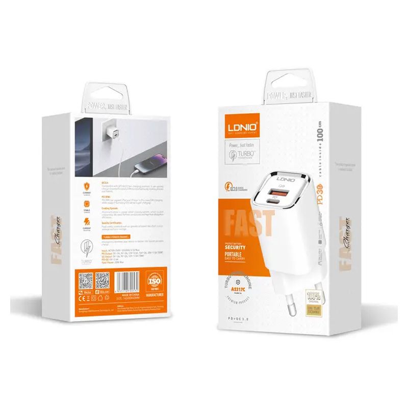 Kucni punjac LDNIO A2317C, 3.6A, QC3.0 18W, PD 30W sa Type C na Type C kablom beli