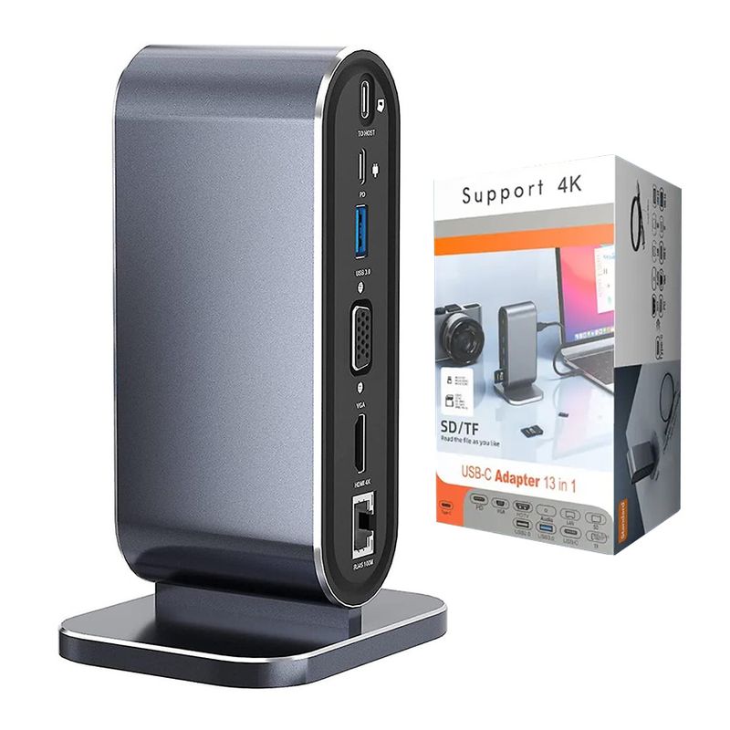 Adapter Type C na LAN Gb, SD card, TF, PD, Type C, 4xUSB 3.0, Audio, HDMI i VGA 12 u 1 sa postoljem
