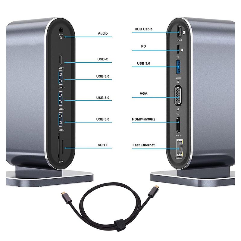 Adapter Type C na LAN Gb, SD card, TF, PD, Type C, 4xUSB 3.0, Audio, HDMI i VGA 12 u 1 sa postoljem