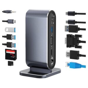 Adapter Type C na LAN Gb, SD card, TF, PD, Type C, 4xUSB 3.0, Audio, HDMI i VGA 12 u 1 sa postoljem
